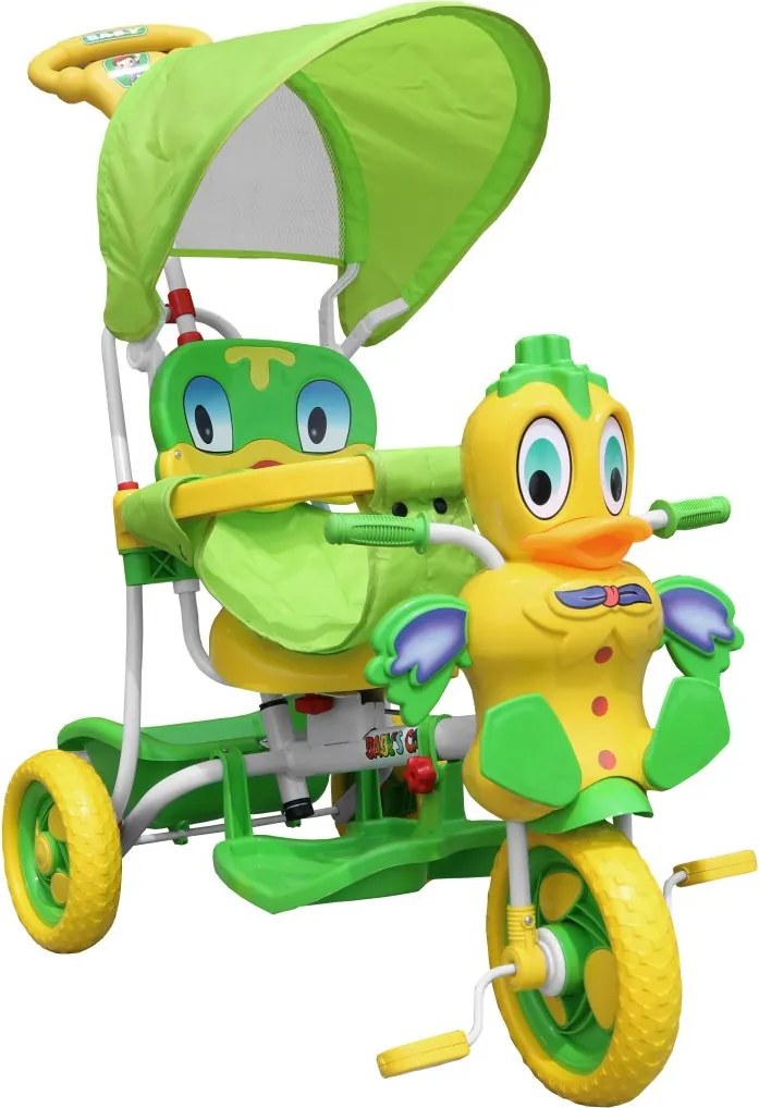 RAMIZ Detský bicykel Green Duck s 3 kolesami + zvuky + strecha + zábrana + opierka na nohy + rukoväť + úložný priestor A11-2- zelené