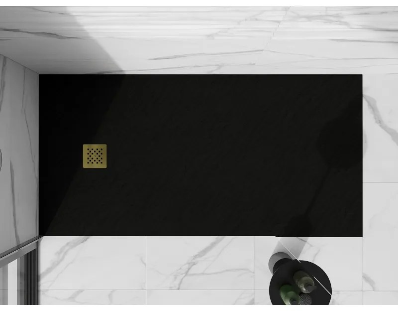Mexen Stone+, obdĺžniková vanička z minerálneho kompozitu 180 x 80 cm, čierna, zlatá lesklá krytka, 44708018-G
