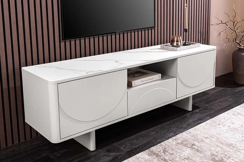 Luxusný TV stolík LUNA 150cm Biely matný & Keramika Mramor