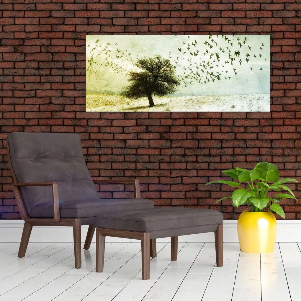 Obraz - Maľovaný kŕdeľ vtákov (120x50 cm)