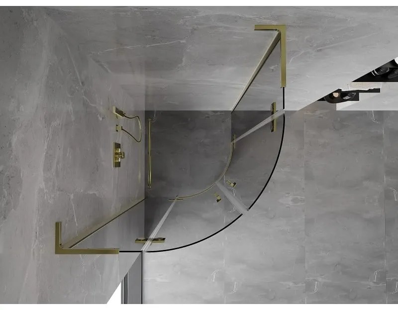 Mexen Mist L, štvrťkruhový sprchový kút s 2-krídlovými dverami, 90 x 90 cm, číre sklo, zlatý lesklý profil, 8A33L-090-090-50-00