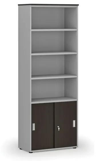 Kombinovaná kancelárska skriňa PRIMO GRAY, zasúvacie dvere na 2 poschodia, 2128 x 800 x 420 mm, sivá/wenge