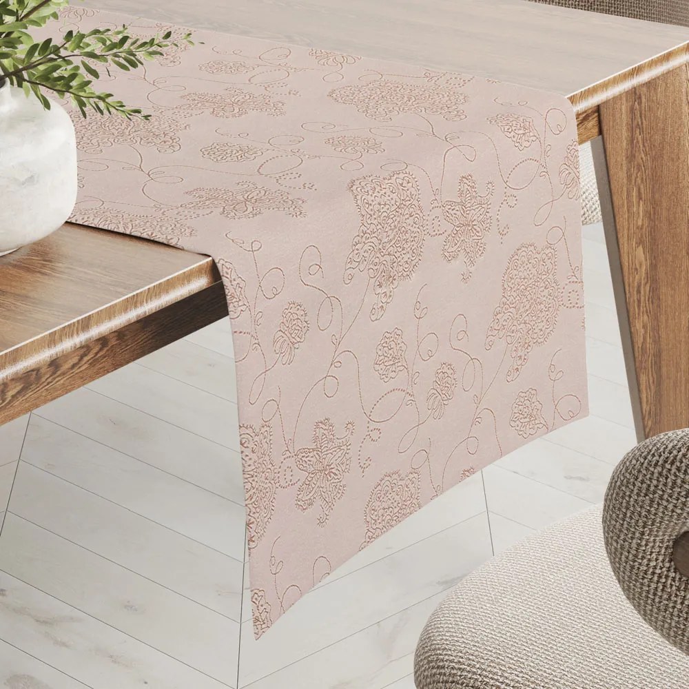 Biante Teflónový behúň na stôl TF-129 Hnedé kvetované ornamenty na sivobéžovom 35x160 cm