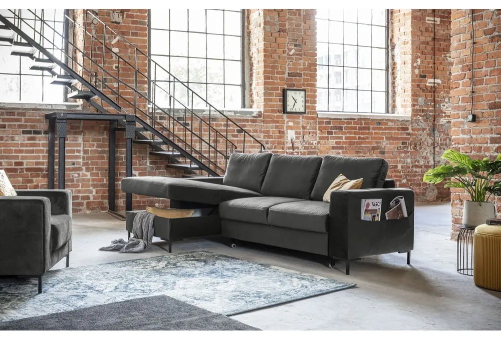 Tmavosivá zamatová rozkladacia rohová pohovka Miuform Lofty Lilly, ľavý roh