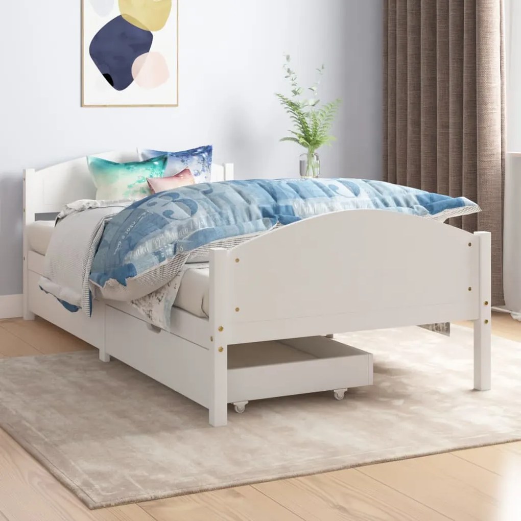 vidaXL Rám postele s 2 zásuvkami biely masívna borovica 100x200 cm