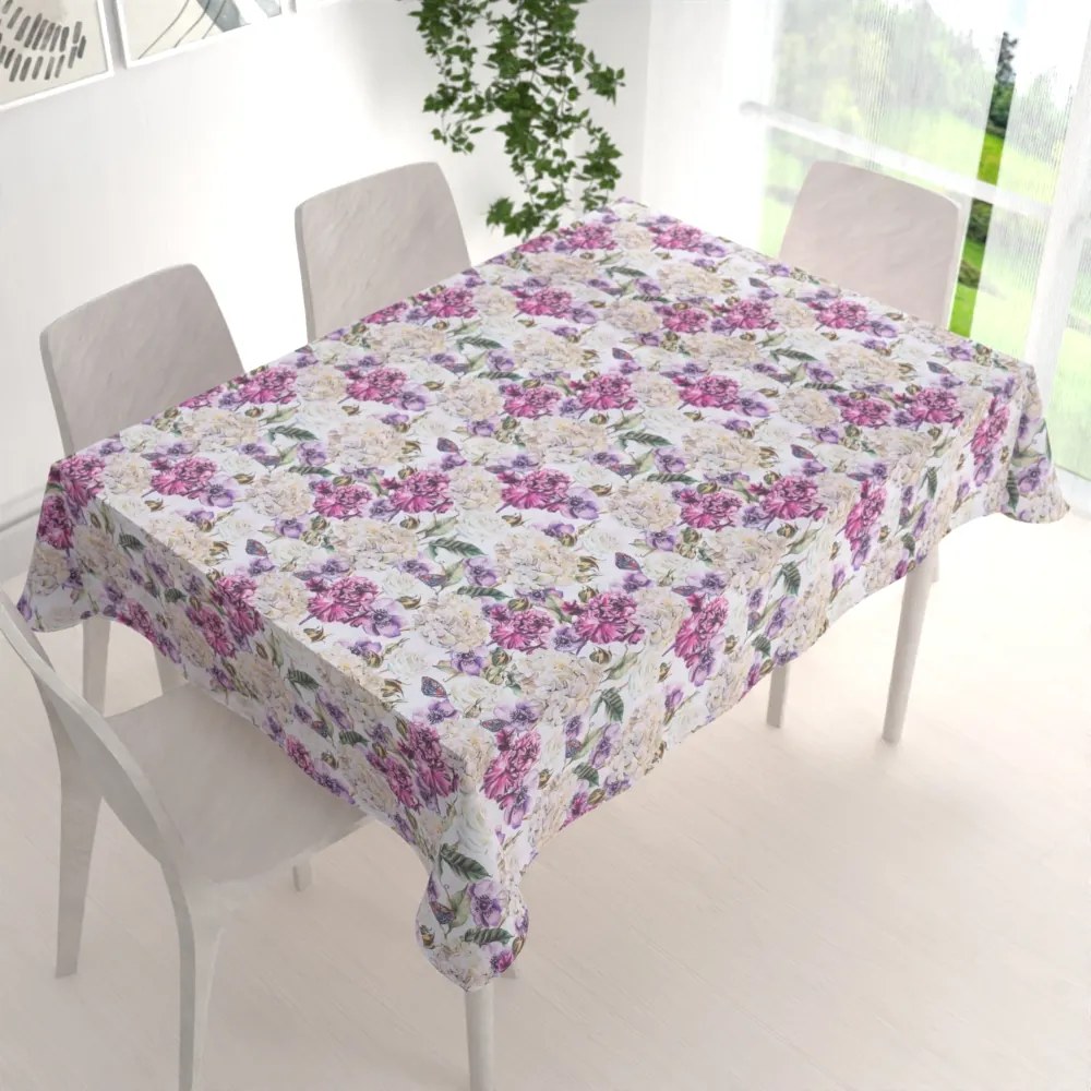 Biante Dekoračný obdĺžnikový obrus PML-108 Fialové kvety s motýlikmi na bielom 60x100 cm