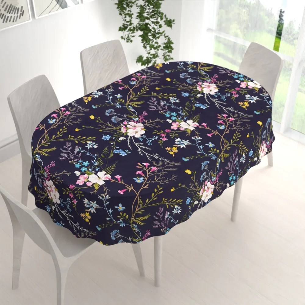Biante Bavlnený oválny obrus Sandra SA-557 Modro-ružové kvety na tmavo modrom 140x180 cm