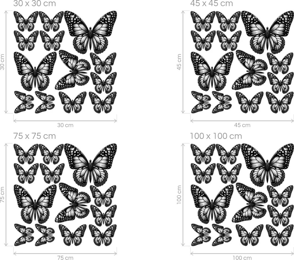 Čierne motýle 13 ks textilné znovu prilepiteľné nálepky na stenu hárok 30 x 30 cm