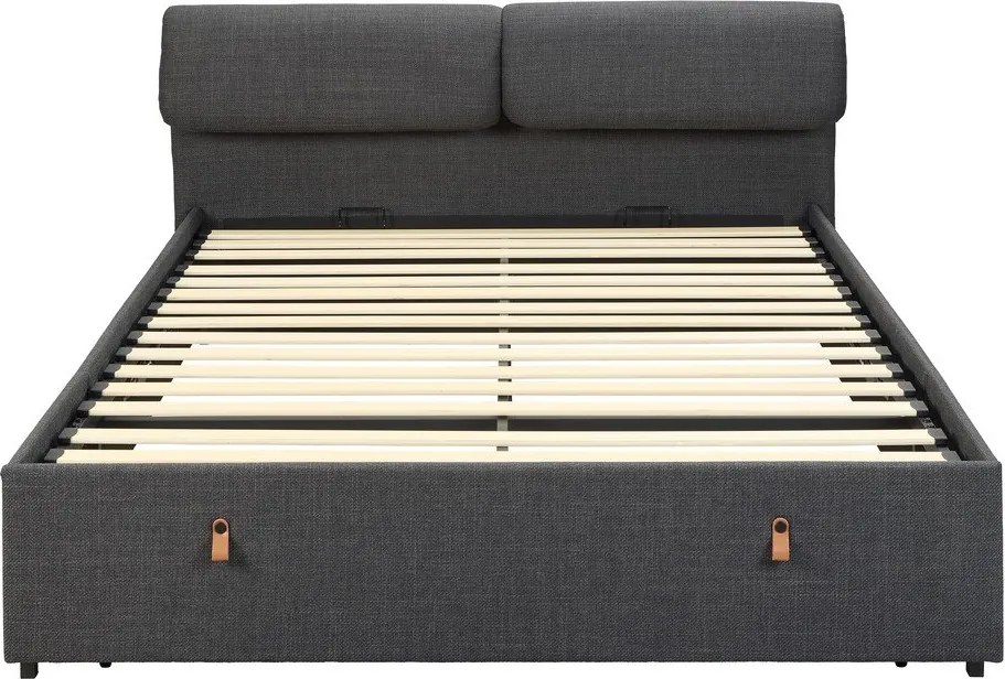 Tmavosivá čalúnená dvojlôžková posteľ s úložným priestorom s roštom 160x200 cm Calvi – Actona