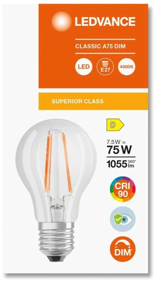 LED žiarovka E27 A60 7,5W = 75W 1055lm 4000K Neutrálne 300° CRI90 Stmievateľné vlákno LEDVANCE Superior