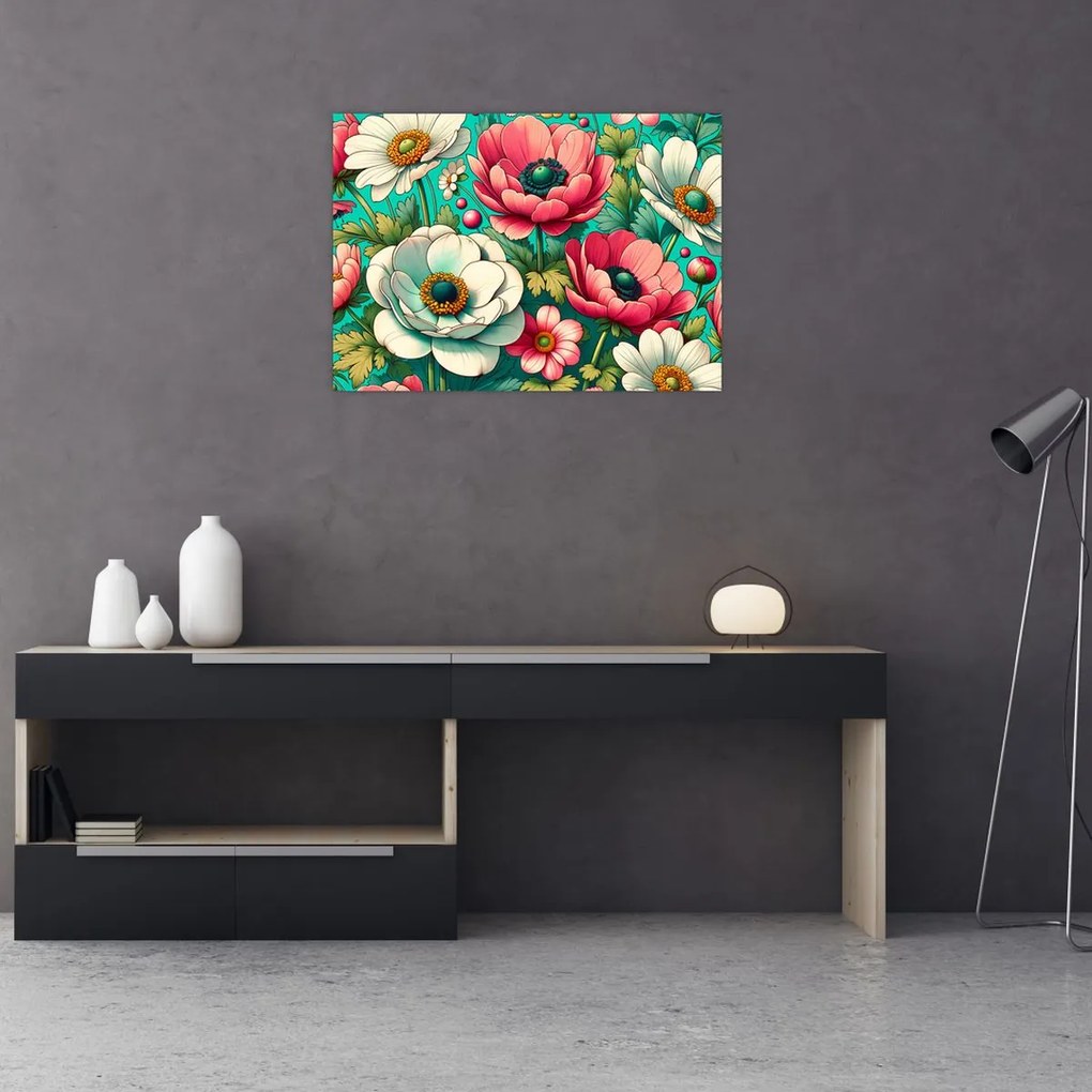 Sklenený obraz - Kvety na modrom pozadí (70x50 cm)