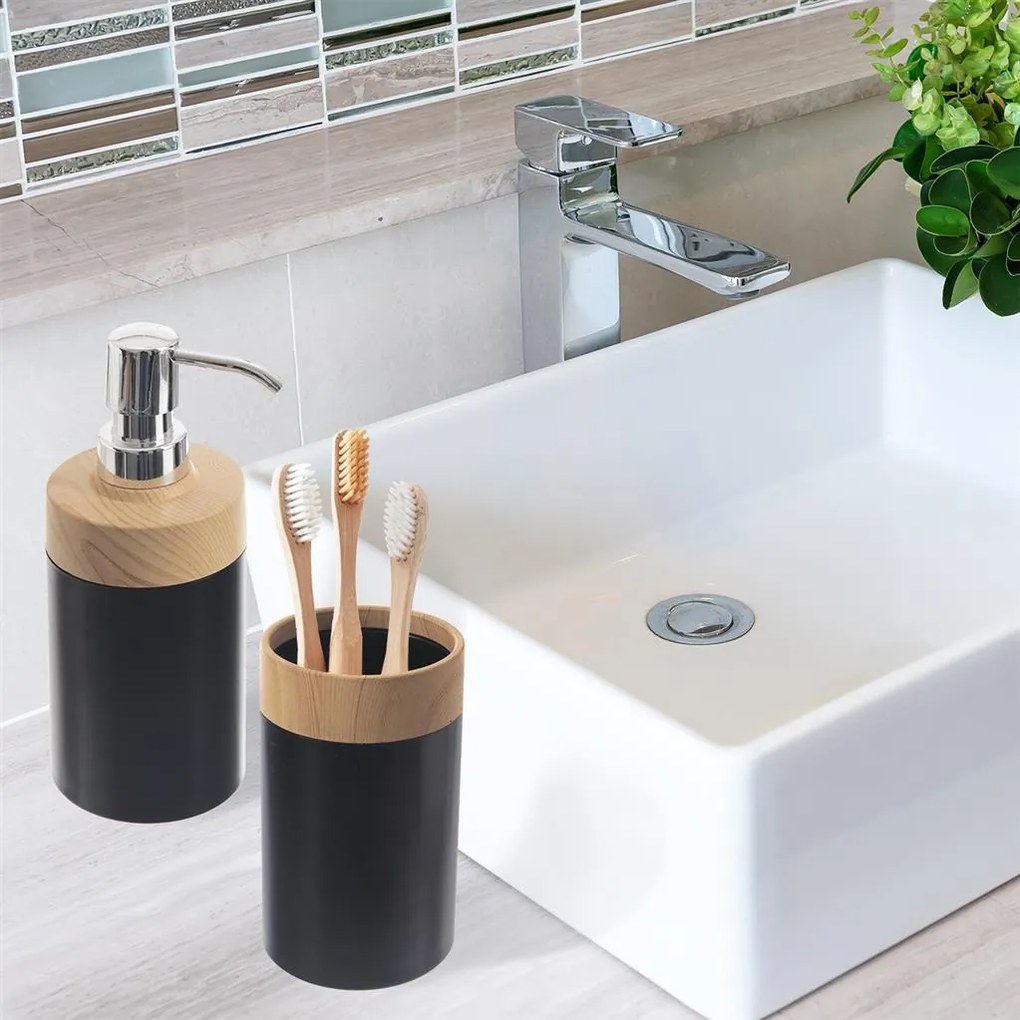 Goodhome Dávkovač na mydlo / saponát, čierny plast s bambusom TUKAN