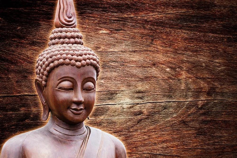 Samolepiaca tapeta socha Budhu na drevenom pozadí - 225x150