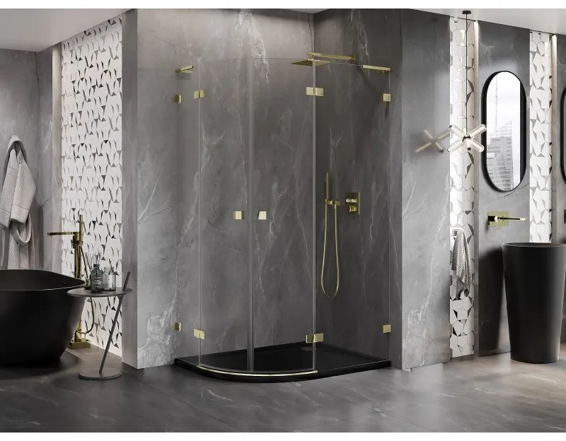 Mexen Lunar, L pravý polkruhový sprchový kút 90 x 80 cm, 8mm číre sklo, zlatý matný profil, 833L-090P-080L-55-00