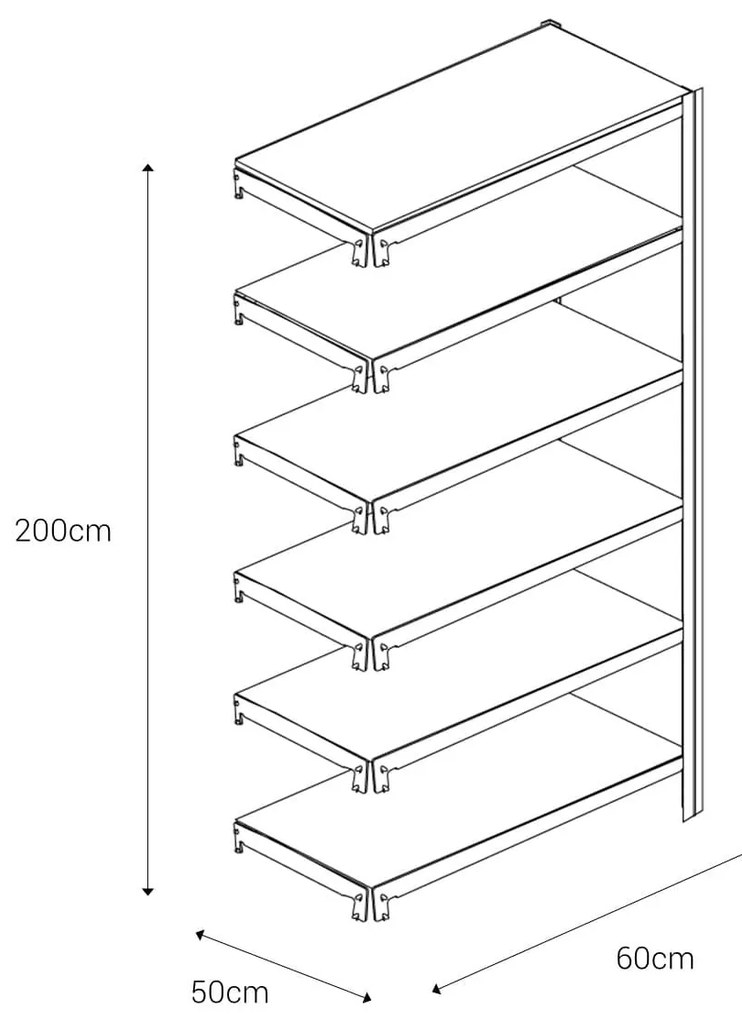 Bezskrutkový kovový regál prídavný modul 200x60x50cm T profil, 6 políc