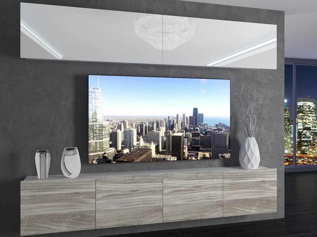 Obývacia stena 200 cm Belini biely lesk / šedý antracit Glamour Wood Imperium6 IMP 6/5/W/WGW1/0/0