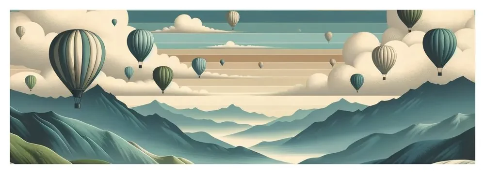 Obraz hory a obloha plná balónov