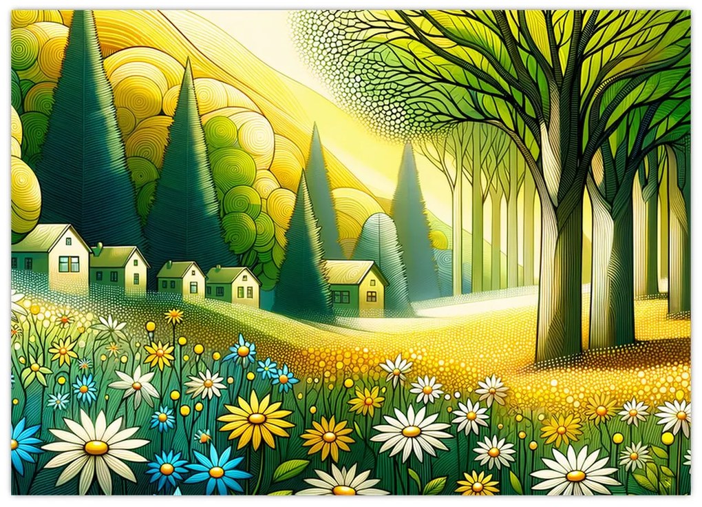 Sklenený obraz - Dedina v žlto-zelenej (70x50 cm)