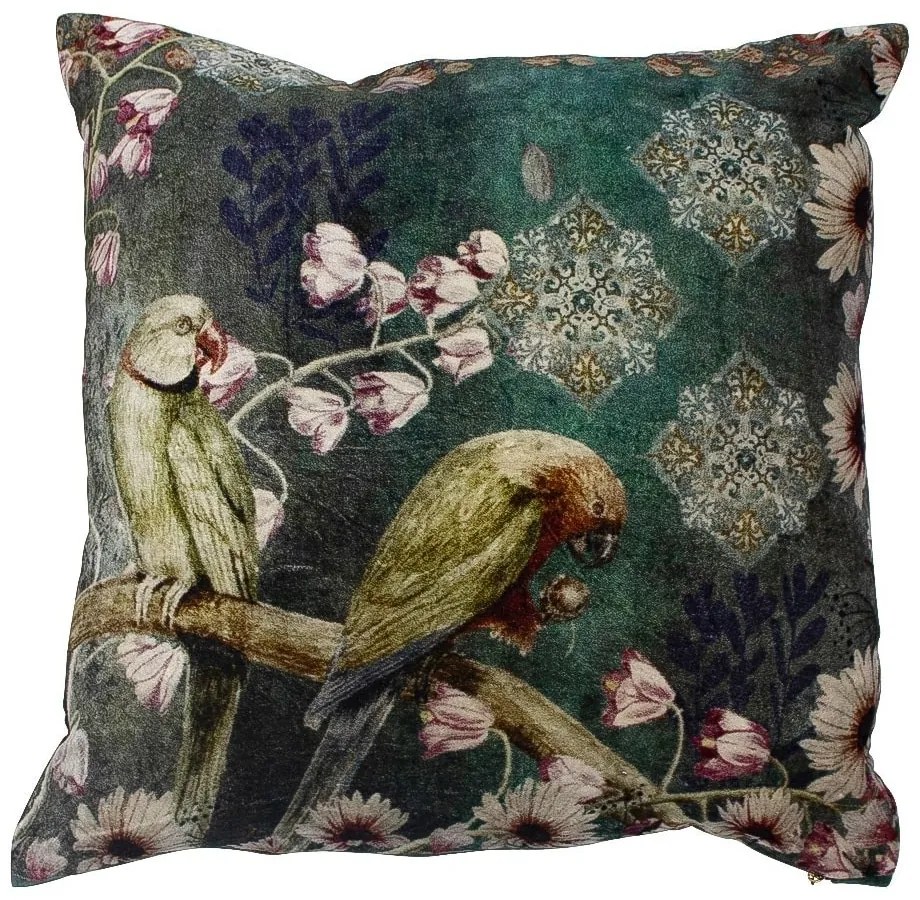Zelený zamatový vankúš očarujúce andulky - 45*45*15cm