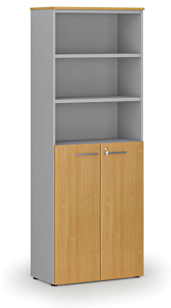 Kombinovaná kancelárska skriňa PRIMO GRAY, dvere na 3 poschodia, 2128 x 800 x 420 mm, sivá/buk