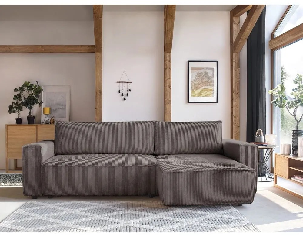 Taupe menčestrová rozkladacia/s úložným priestorom rohová pohovka Nihad – Bobochic Paris