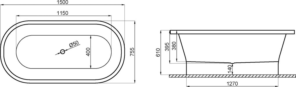 Polimat Akrylátová voľne stojaca vaňa Amona New 150x75 POLIMAT-Rozmery: 150x75, POLIMAT-Farba vane: Biela / granat