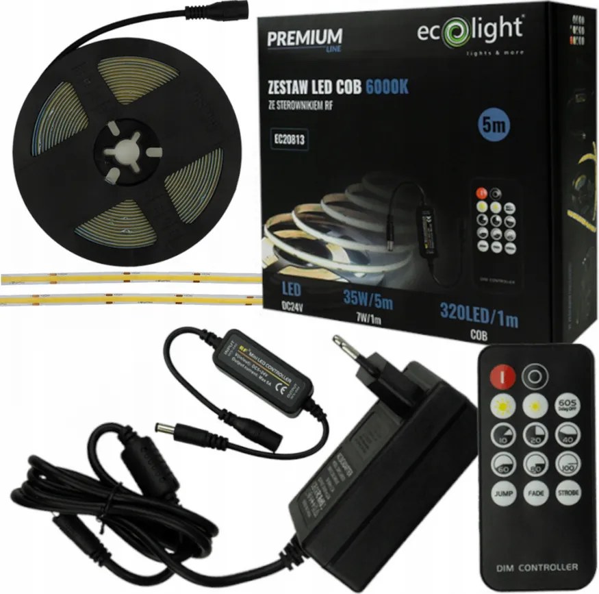ECOLIGHT COB LED pásik 35W - 24V - 320 - 5M - 6000k - studená farba + diaľkový ovládač