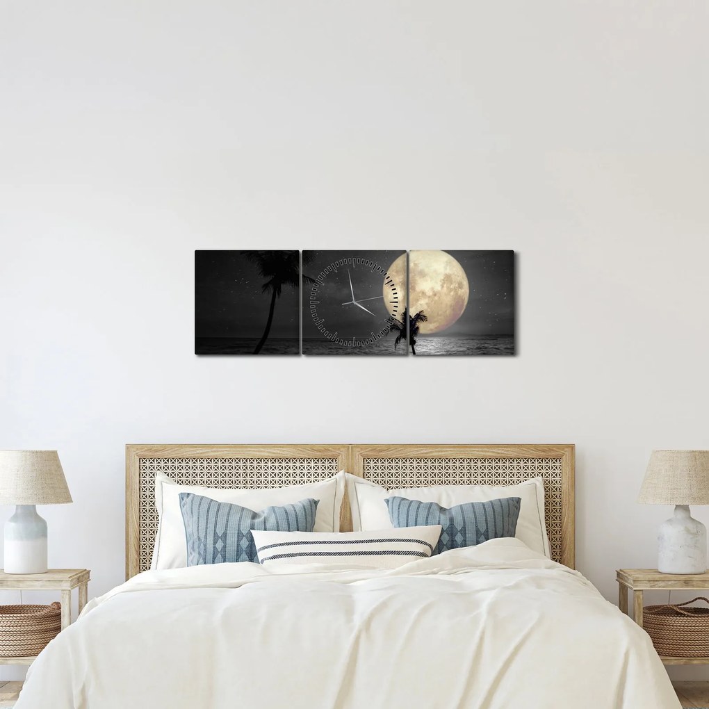 Obraz - Pláž za splnu v šedých tónoch (s hodinami) (90x30 cm)