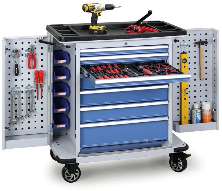 Pojazdný dielenský vozík na náradie EXPERT, 7 zásuviek, 1030 x 900 x 530 mm, modrá