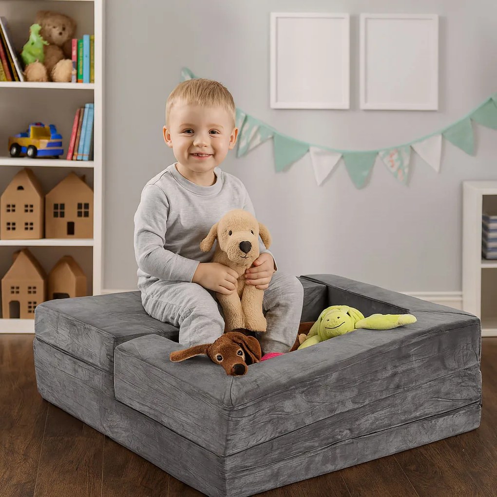 Detská modulárna sedačka 4 diely ECOTOYS – sivá, rozložiteľná s prateľnými poťahmi