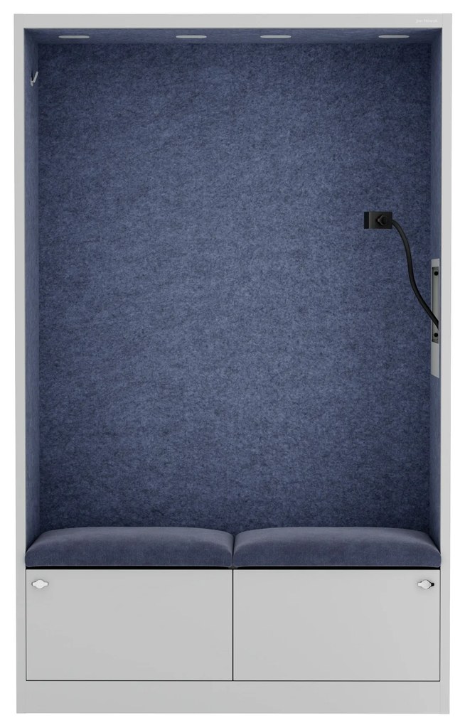 Kancelárska akustická kabína so sedadlom a portom USB-C, telo v sivý / sedák tmavomodrá v zelenej farbe, 1150 mm: SALLY MentalBox