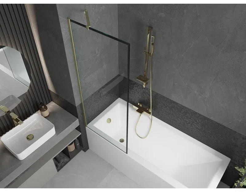 Mexen Next, 1-krídlová vaňová zástena 70 x 150 cm, 6mm číre sklo - čierny vzor, zlatá matná, 895-070-000-00-70-55