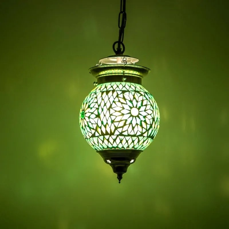 Turecká závesná lampa tvar Globe mozaika orient EMERALD Ø15