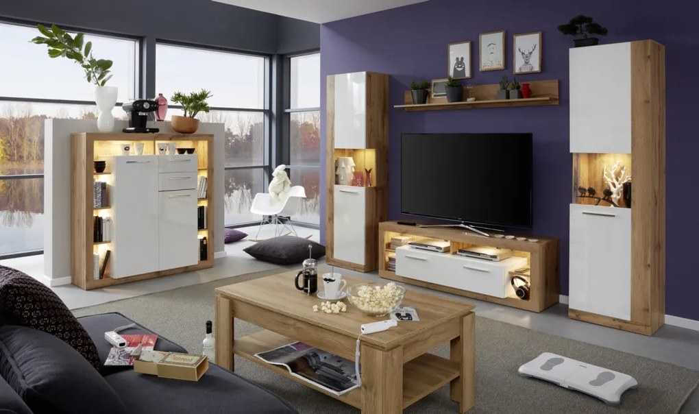 Vysoká komoda Rock, 121 cm, dub Wotan / biely lesk