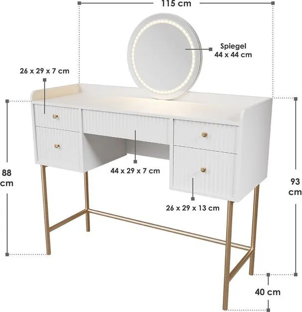 Toaletný stolík s LED zrkadlom, 5 zásuviek, biela/zlatá
