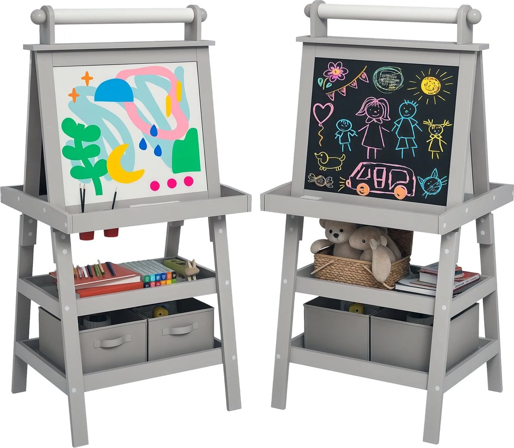 AIYPLAY Detský kresliaci stojan 3 v 1 Magnetická obojstranná detská tabuľa so stojanom na papier a úložnými košmi 59x48x118 cm Šedá | Aosom