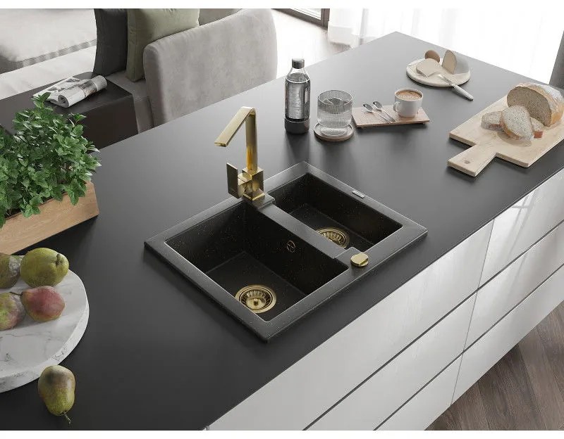 Mexen Carlos, 1,5-komorový granitový drez s odkvapkávačom 582x475x177 mm a zlatá kuchynská batéria Rita, čierna - zlatá metalíza, 6518-75-670300-50