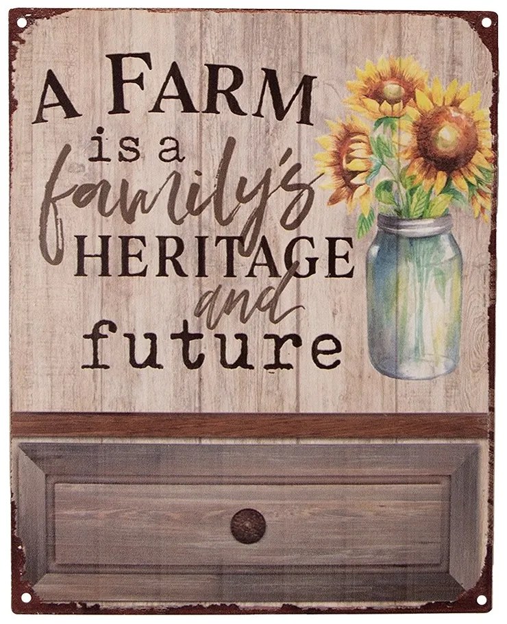 Hnedá antik nástenná kovová ceduľa so slnečnicami Farm... - 20*1*25 cm