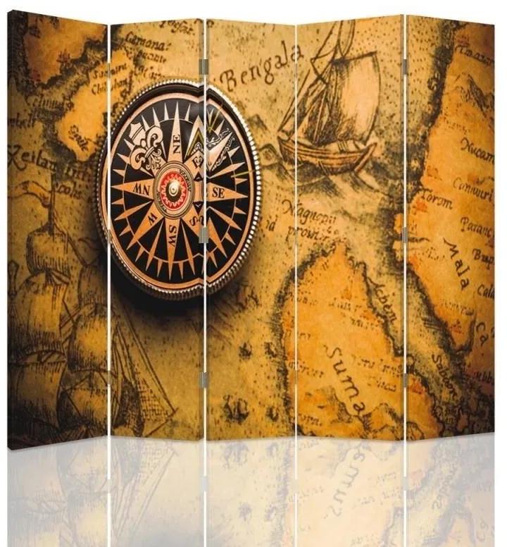 Ozdobný paraván, Kompas na staré mapě - 180x170 cm, päťdielny, obojstranný paraván 360°