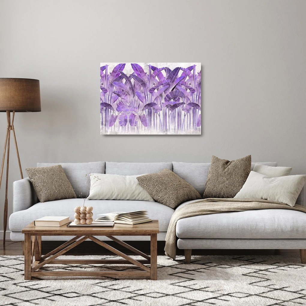 Sklenený obraz - Fialové listy v omietke (70x50 cm)
