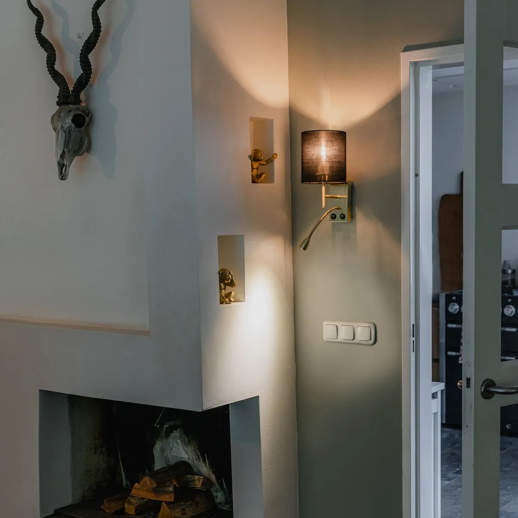 Art Deco nástenná lampa čierna s čiernym bavlneným tienidlom - Stacca