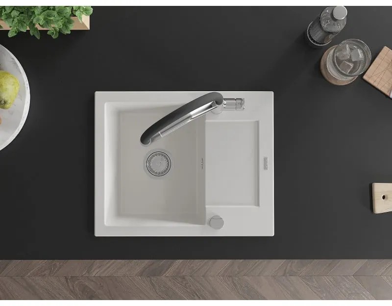 Mexen Enzo, granitový drez 576x465x174 mm, 1-komorový a drezová batéria Duo, biela, 6506-20-671701-07