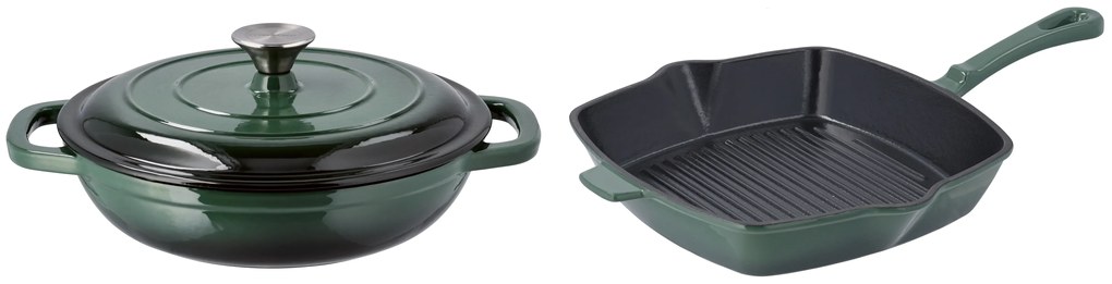 Silvercrest®  Liatinová servírovacia panvica, 2,4 l, zelená + Liatinová grilovacia panvica, 24 cm, zelená  (800011482)