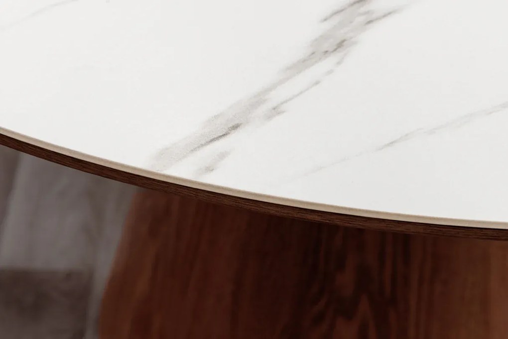 Jedálenský stôl UNIQUE 120 cm okrúhly, orechové drevo, dyhovaná keramika, doska z bieleho mramoru