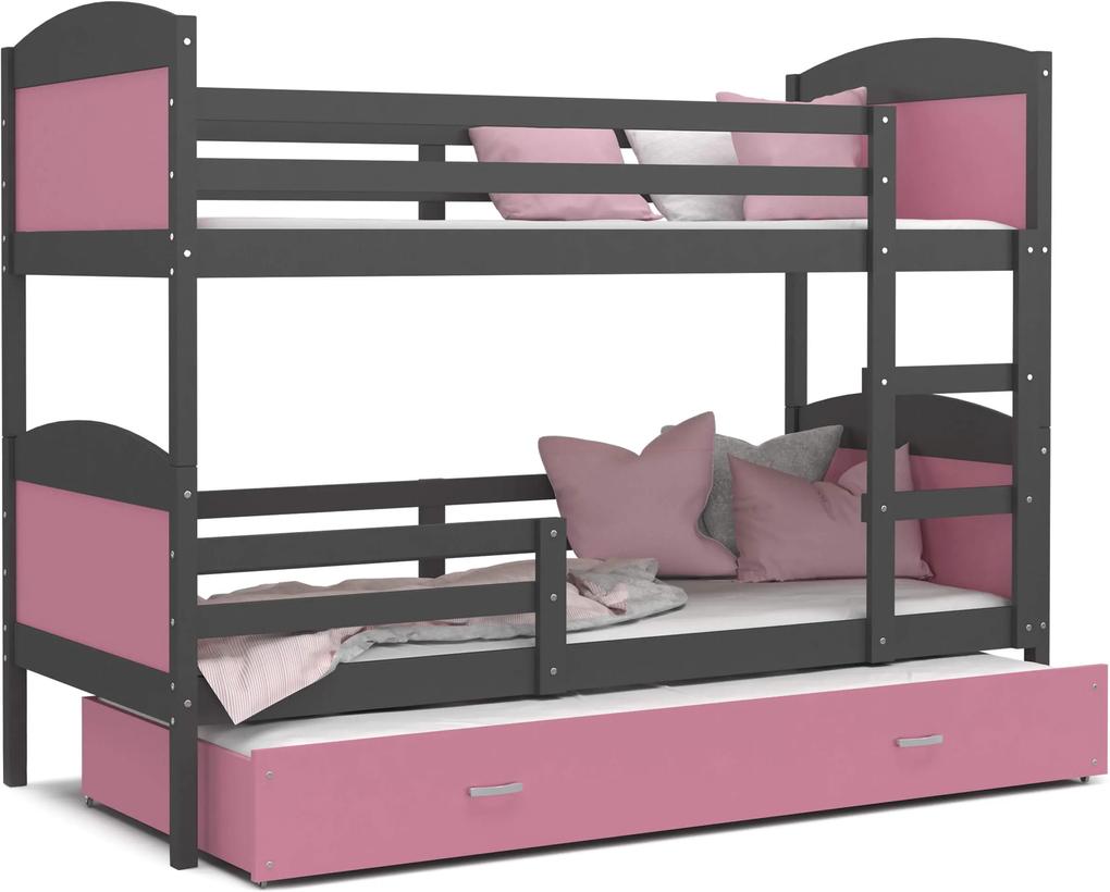 GL Poschodová posteľ Matúš 3 grafit s prístelkou Farba: Ružová, Rozmer: 190x80