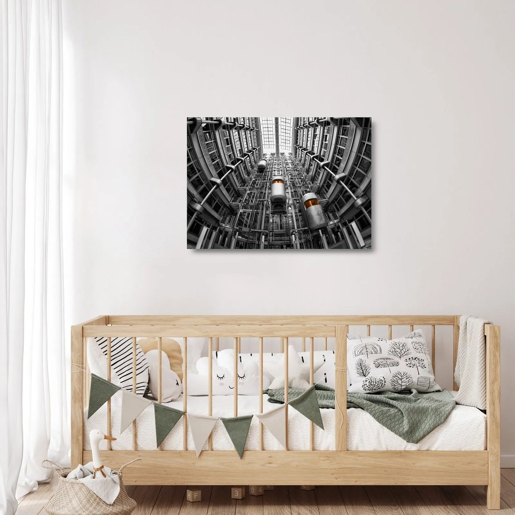 Sklenený obraz výťahu v budove (70x50 cm)