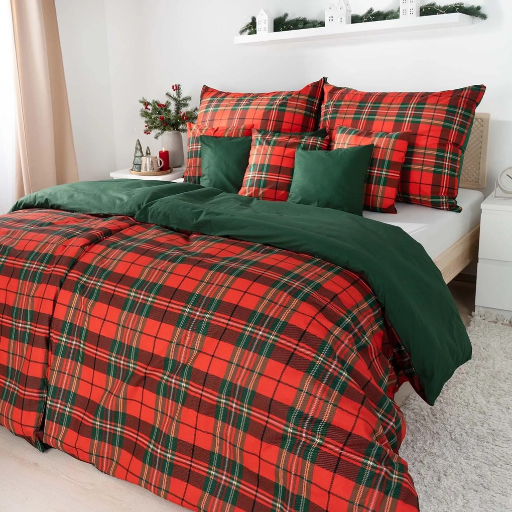 Goldea bavlnené posteľné obliečky duo - červené káro s tmavo zelenou 140 x 220 a 70 x 90 cm