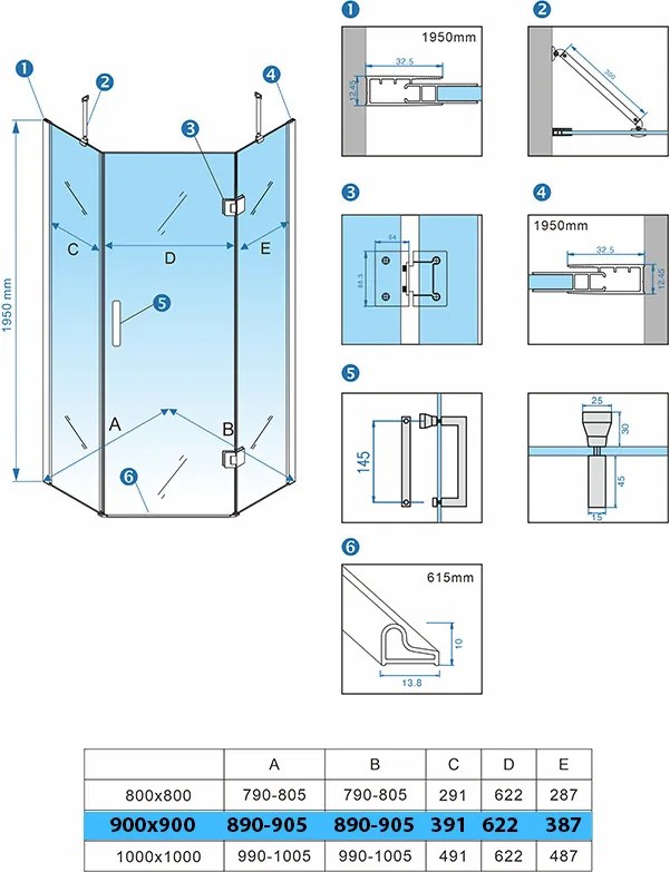 BPS-koupelny Päťuholníkový sprchový kút KZ10B BL 90x90 čierna/transparent - bez vaničky