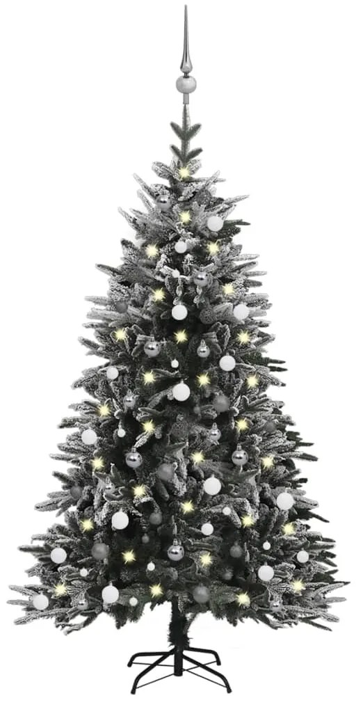 vidaXL Zasnežený umelý vianočný stromček s LED a súpravou gulí 180 cm PVC a PE