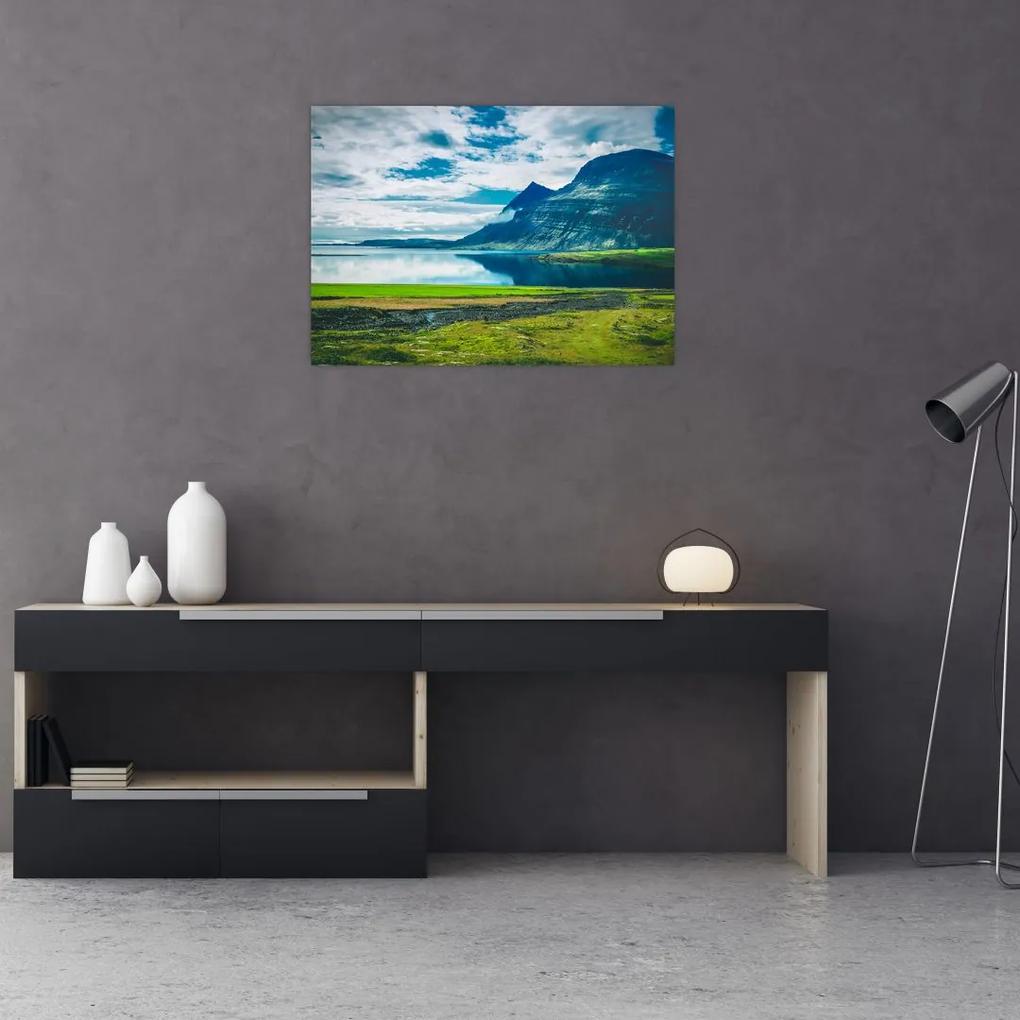 Sklenený obraz jazera s horami (70x50 cm)